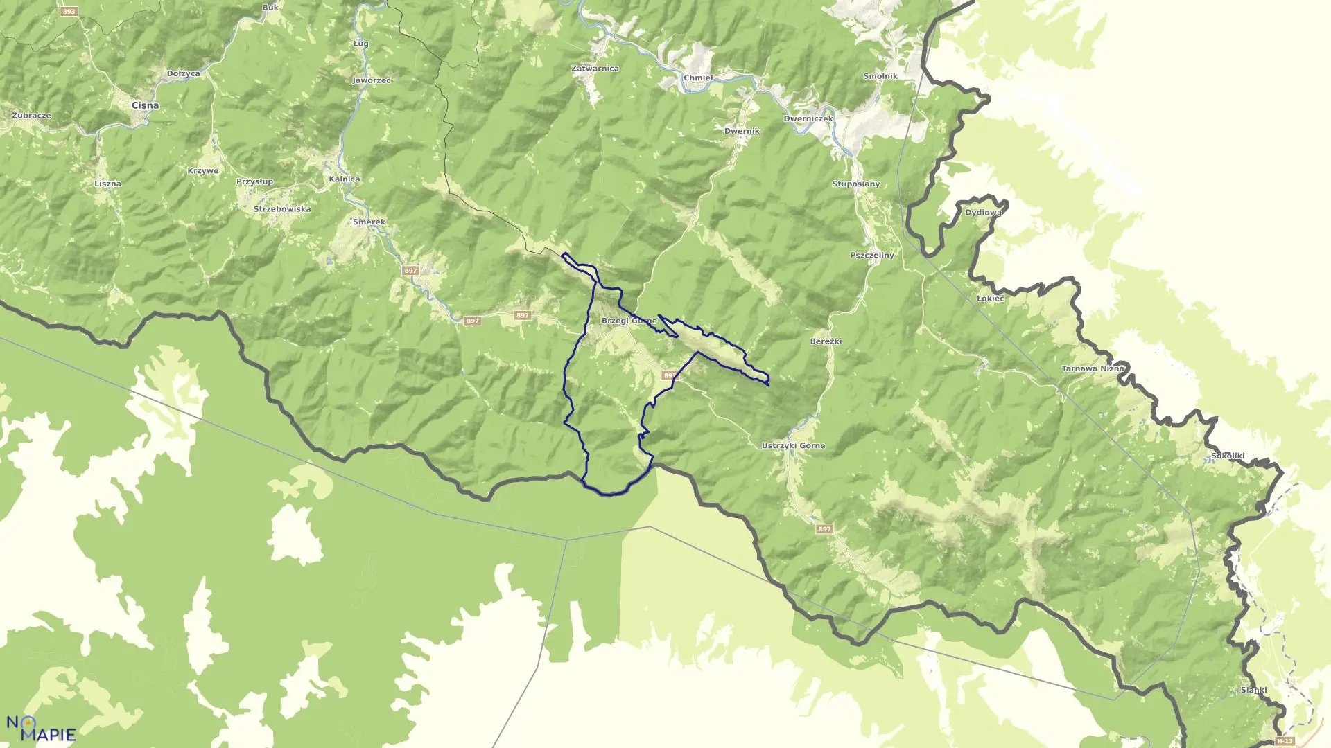 Mapa obrębu Brzegi Górne w gminie Lutowiska