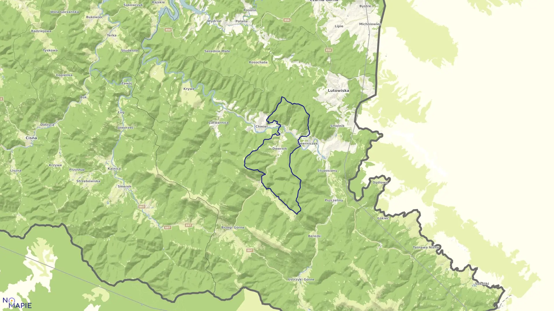 Mapa obrębu Dwernik w gminie Lutowiska