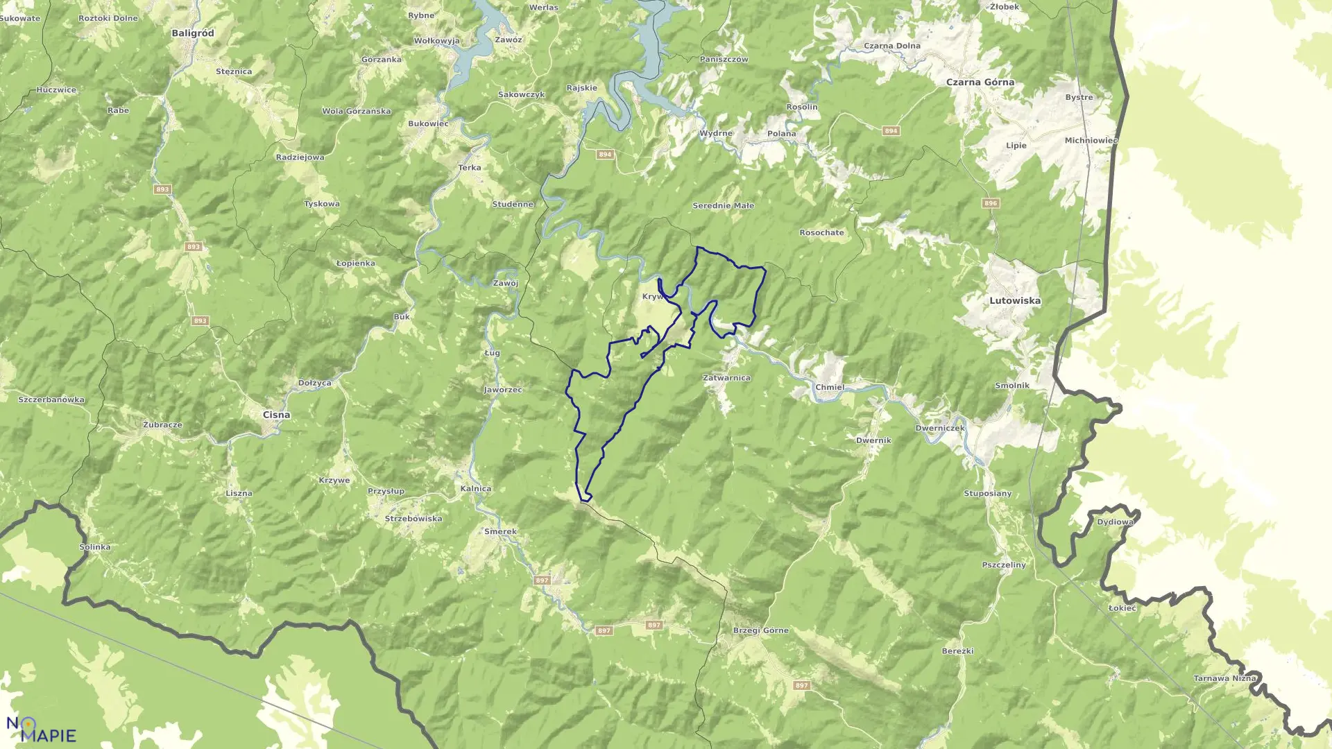 Mapa obrębu Hulskie w gminie Lutowiska