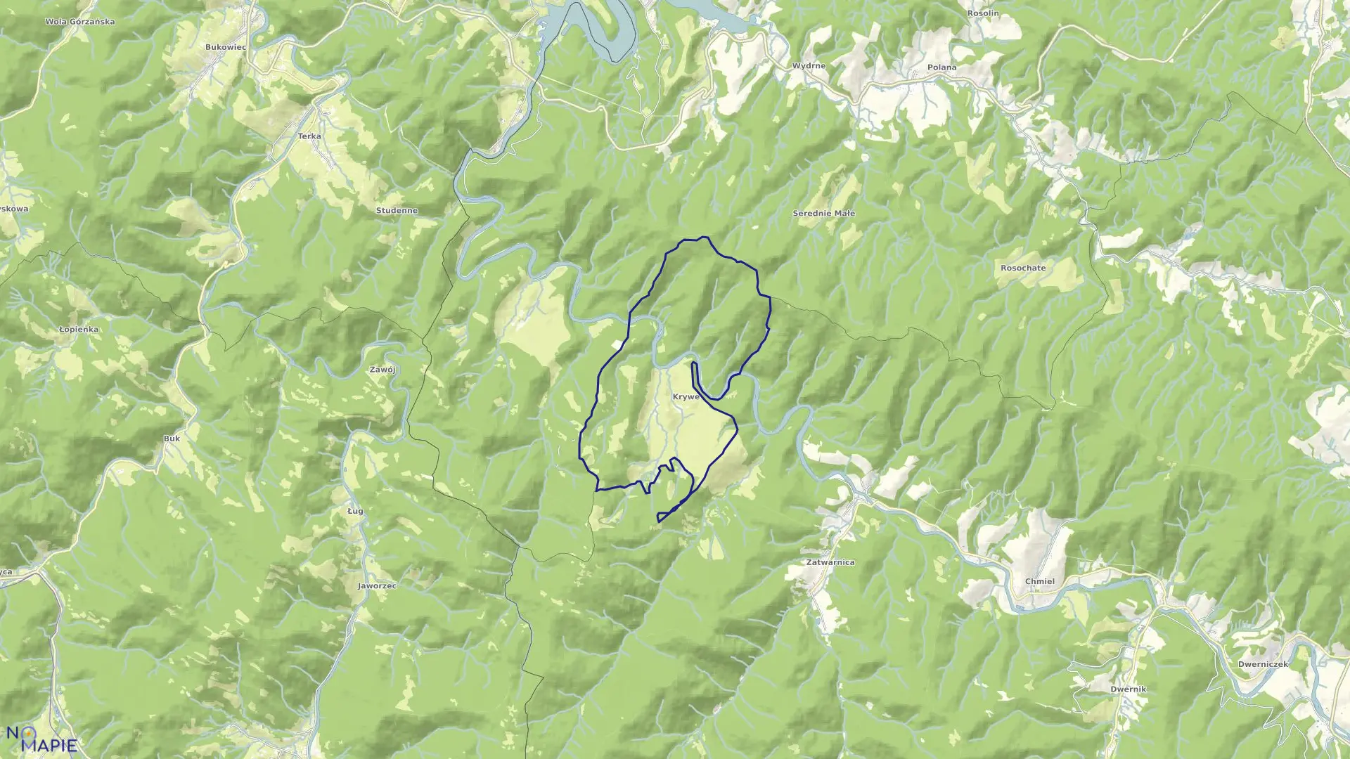 Mapa obrębu Krzywe w gminie Lutowiska