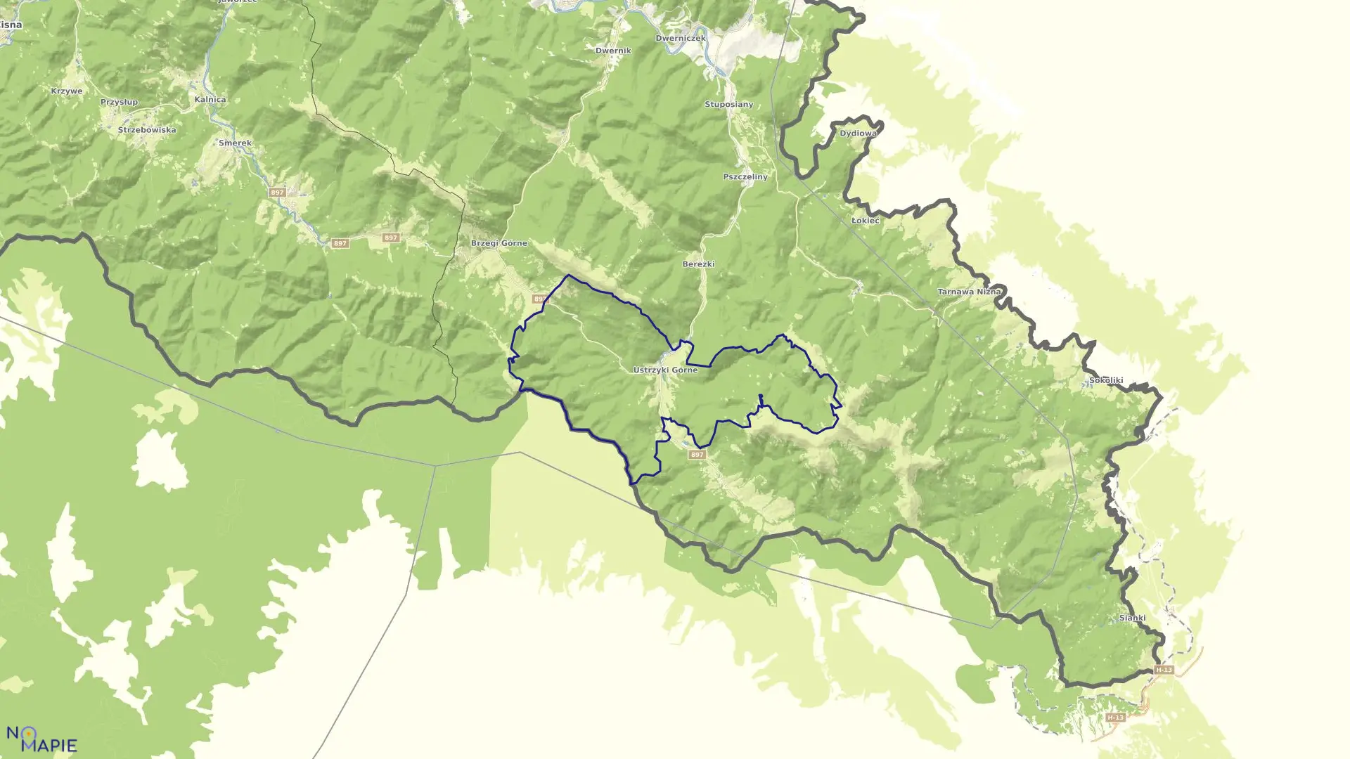 Mapa obrębu Ustrzyki Górne w gminie Lutowiska