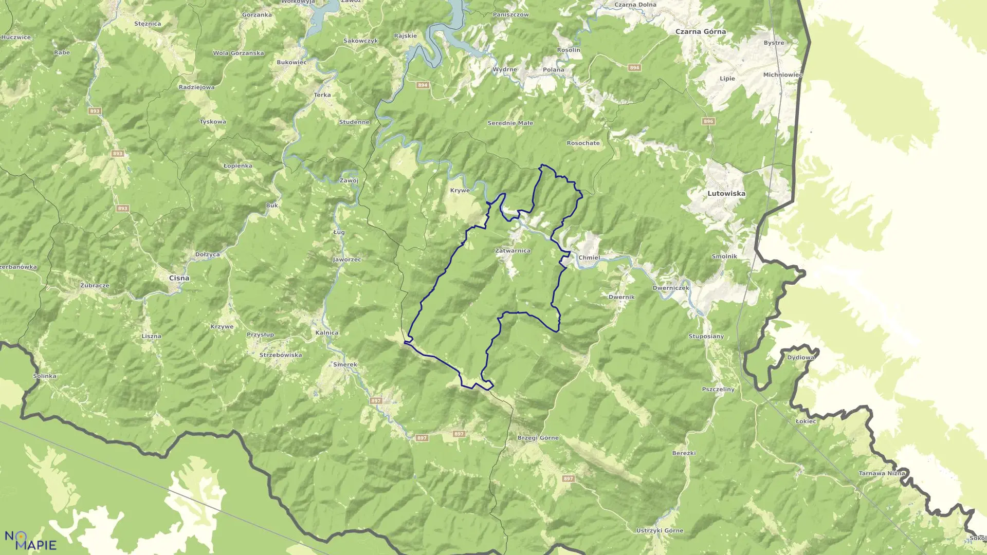 Mapa obrębu Zatwarnica w gminie Lutowiska