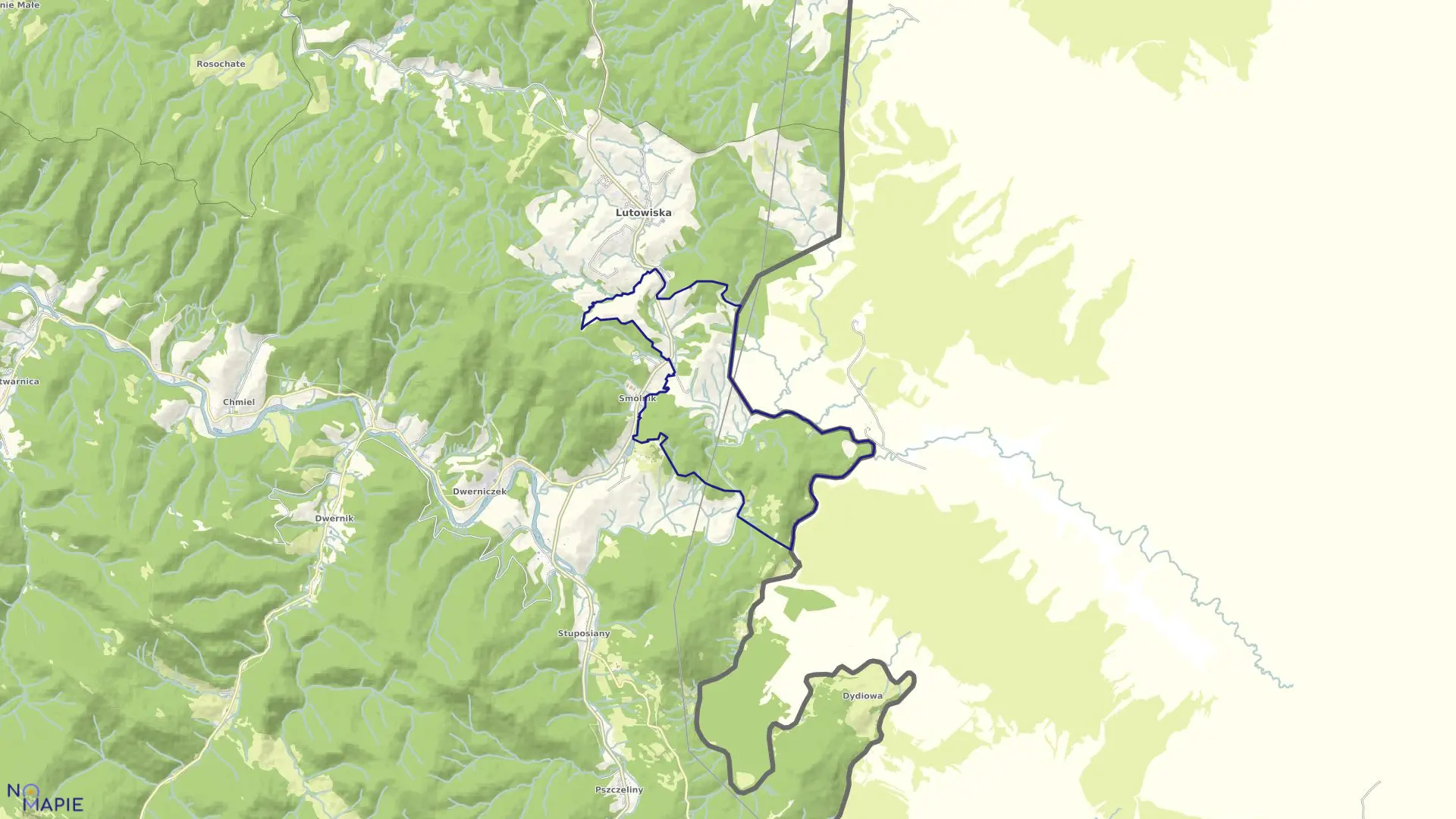 Mapa obrębu Żurawin w gminie Lutowiska